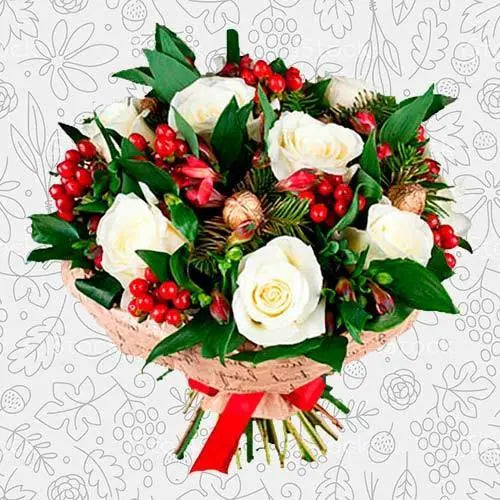 Christmas Decoration Mix Red & White Fresh Rose Flowers Bouquet