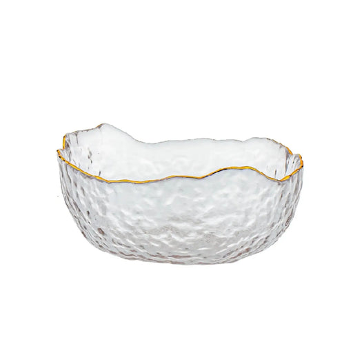 Clear glass bowl with gold rim and dimensions on a white background, featuring the LC Glass logo.
