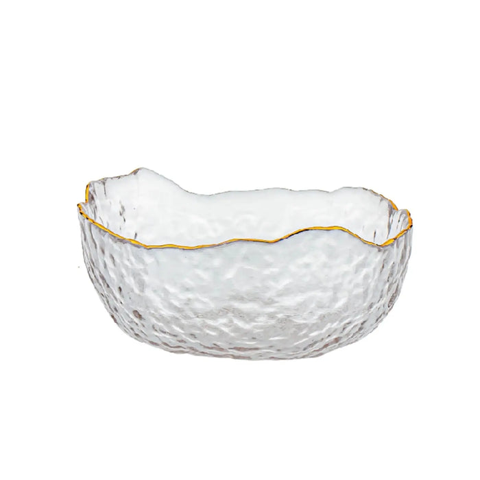Clear glass bowl with gold rim and dimensions on a white background, featuring the LC Glass logo.