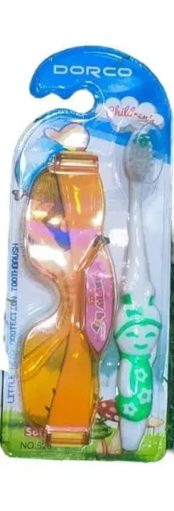 Two children's toothbrushes in packaging with cartoon designs and 'Dorco' branding.
