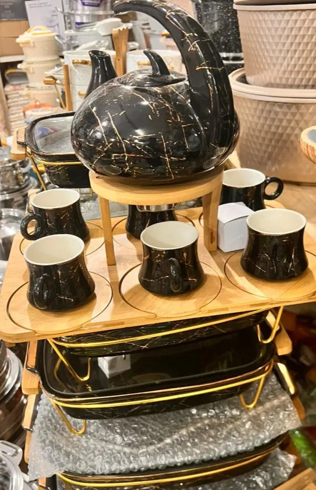 Elegant Tea & Food Serving Set – 6 Cups, Teapot, and 3-Tier Food Holders Murukali.com