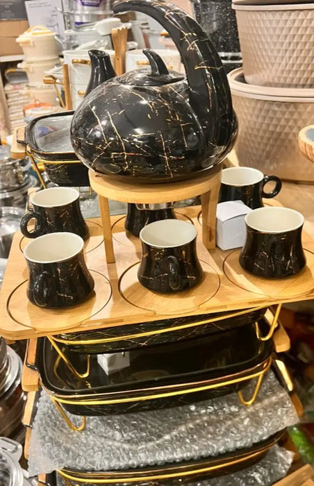 Elegant Tea & Food Serving Set – 6 Cups, Teapot, and 3-Tier Food Holders Murukali.com