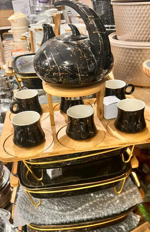 Elegant Tea & Food Serving Set – 6 Cups, Teapot, and 3-Tier Food Holders Murukali.com