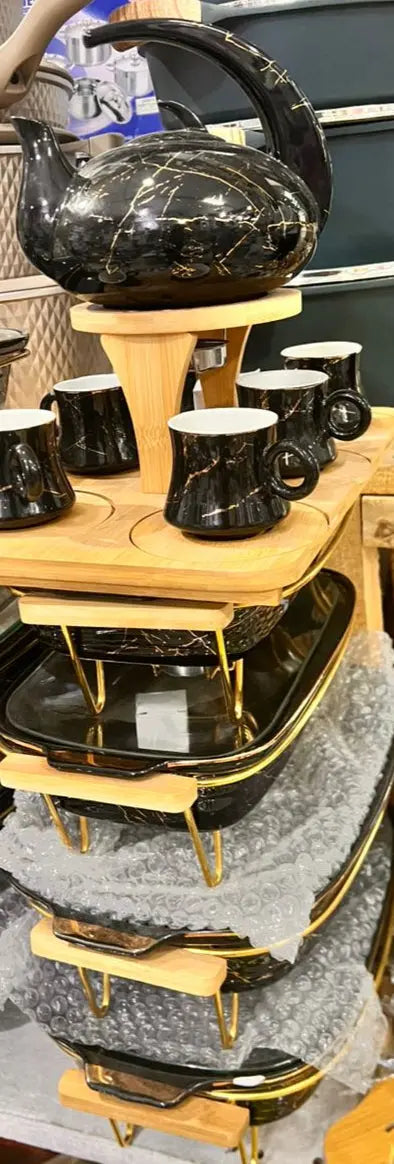 Elegant Tea & Food Serving Set – 6 Cups, Teapot, and 3-Tier Food Holders Murukali.com