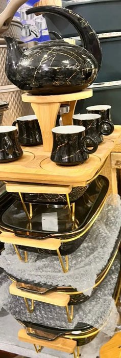 Elegant Tea & Food Serving Set – 6 Cups, Teapot, and 3-Tier Food Holders Murukali.com