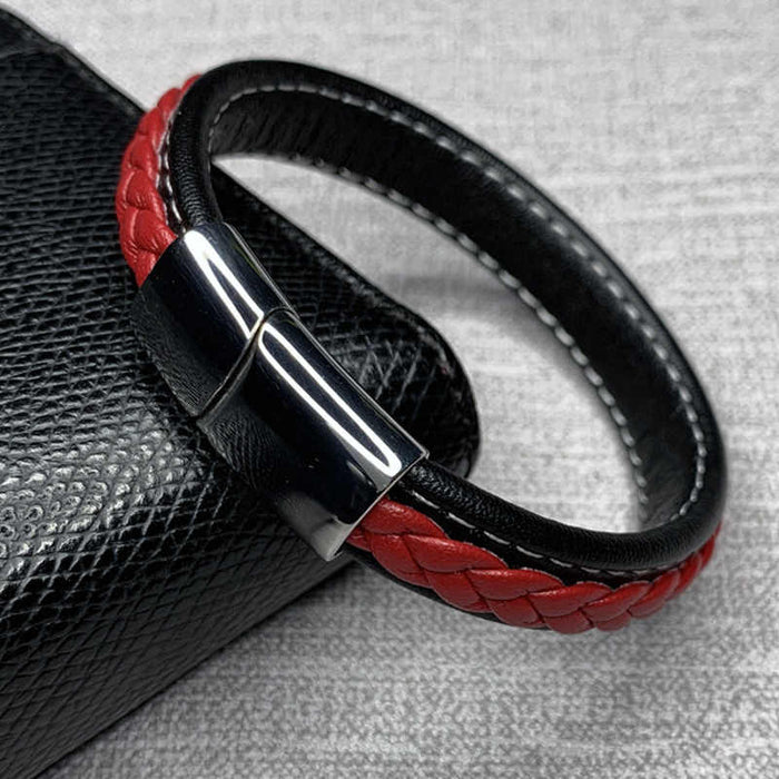 Fashion Black Red Leather Bracelets Men Wrist Band Sliver Stainless Steel Magnetic Buckle Charm Bracelets Bangles Male Jewelry murukali.com