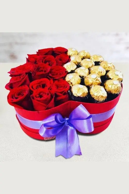 Flowers& Ferrero chocolate in Heart Box
