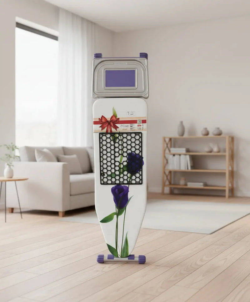 Folding Ironing Board with Floral Cover and Metal Iron Rest size 140*122cm