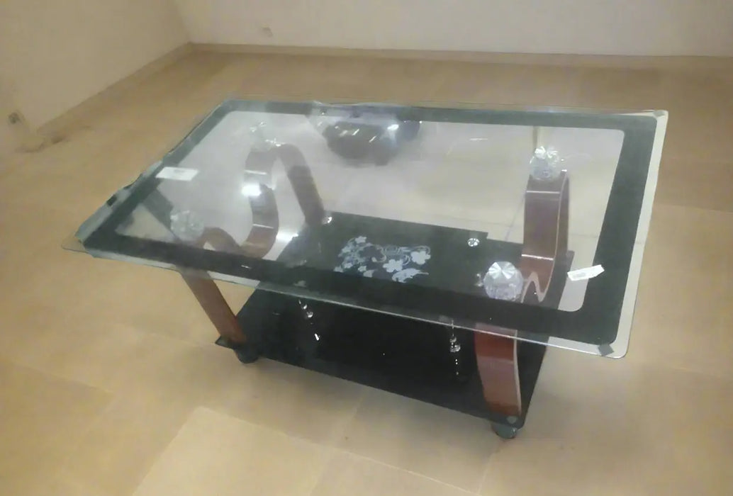 Glass Coffee Table with Wooden Legs and Black Shelf Murukali.com