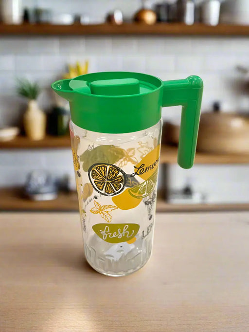 Herevin Lemon-Print Glass Jug with Green Lid and Handle – 1.46L Murukali.com