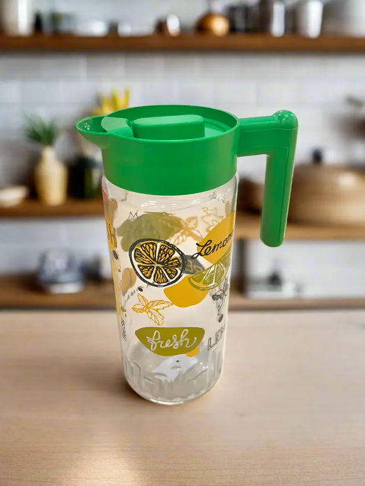 Herevin Lemon-Print Glass Jug with Green Lid and Handle – 1.46L Murukali.com