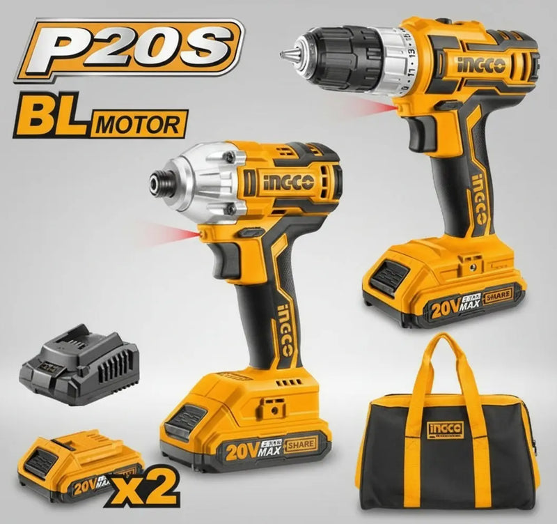 Ingco P20S 20V Cordless 2-Pcs Brushless Combo Kit – Drill & Impact Driver