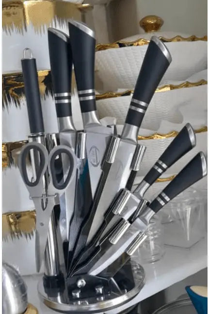 Knife Set With Stand Black Stainless Steel murukali.com