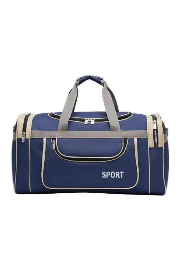 Large SPORT Navy Blue Travel Duffel Bag with Beige Trim Murukali.com