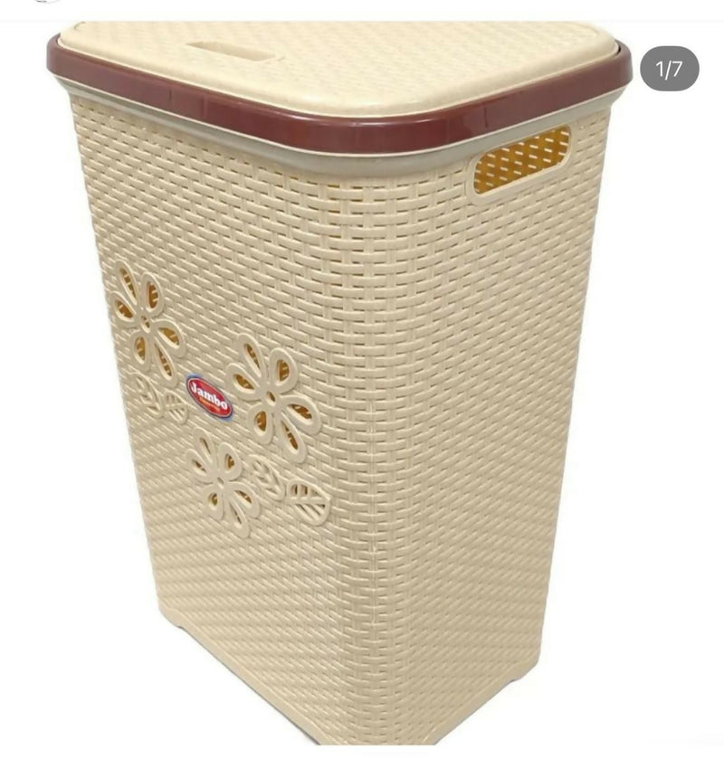 Plastic Rattan-Style Laundry Hamper with Floral Design and Lid – Beige