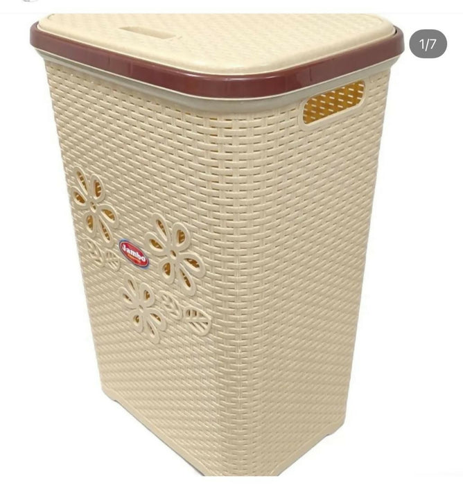 Plastic Rattan-Style Laundry Hamper with Floral Design and Lid – Beige