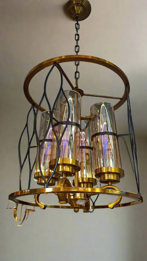 Luxury Gold and Glass Chandelier with Intricate Black Metal Design murukali.com