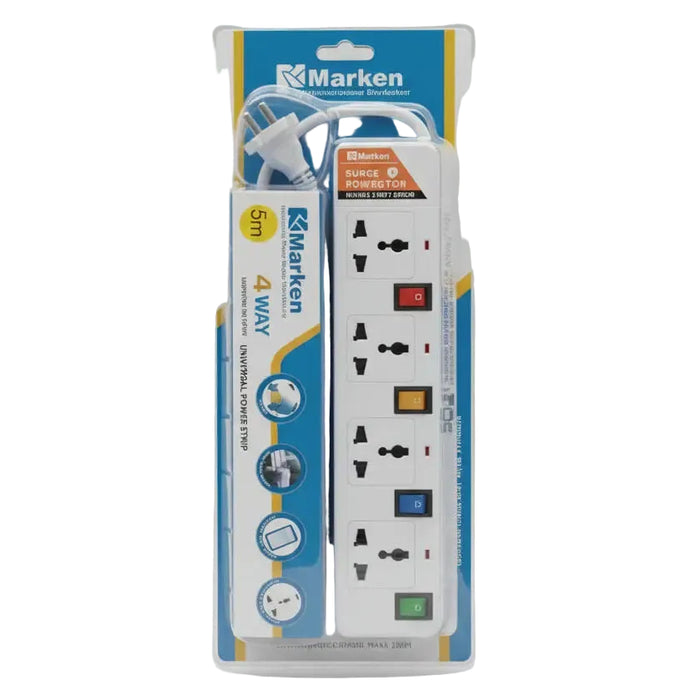 Marken 4-Way Universal Power Strip with Surge Protection – 5m Cable