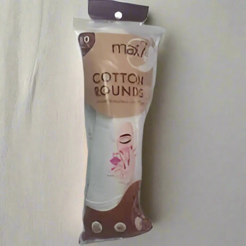 Packaged cotton rounds with a visible brand label on a white background