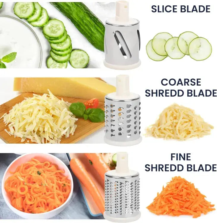 Meileyi Rotary Cheese Grater, 3-in-1 Multi-functional Mandoline Vegetable Shredder, Slicer, 3 Drum Blades in Set Murukali.com