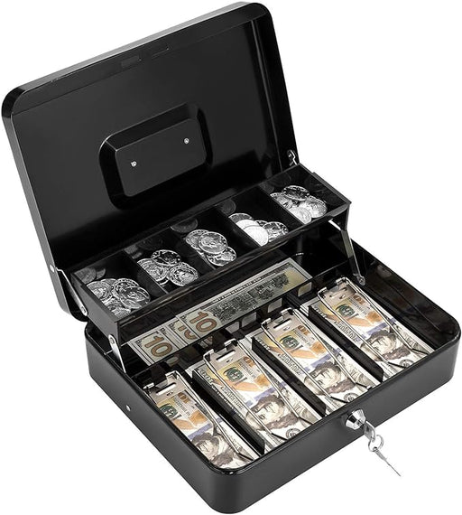 Metal Cash Box with Cash Tray and Key Lock, Black murukali.com