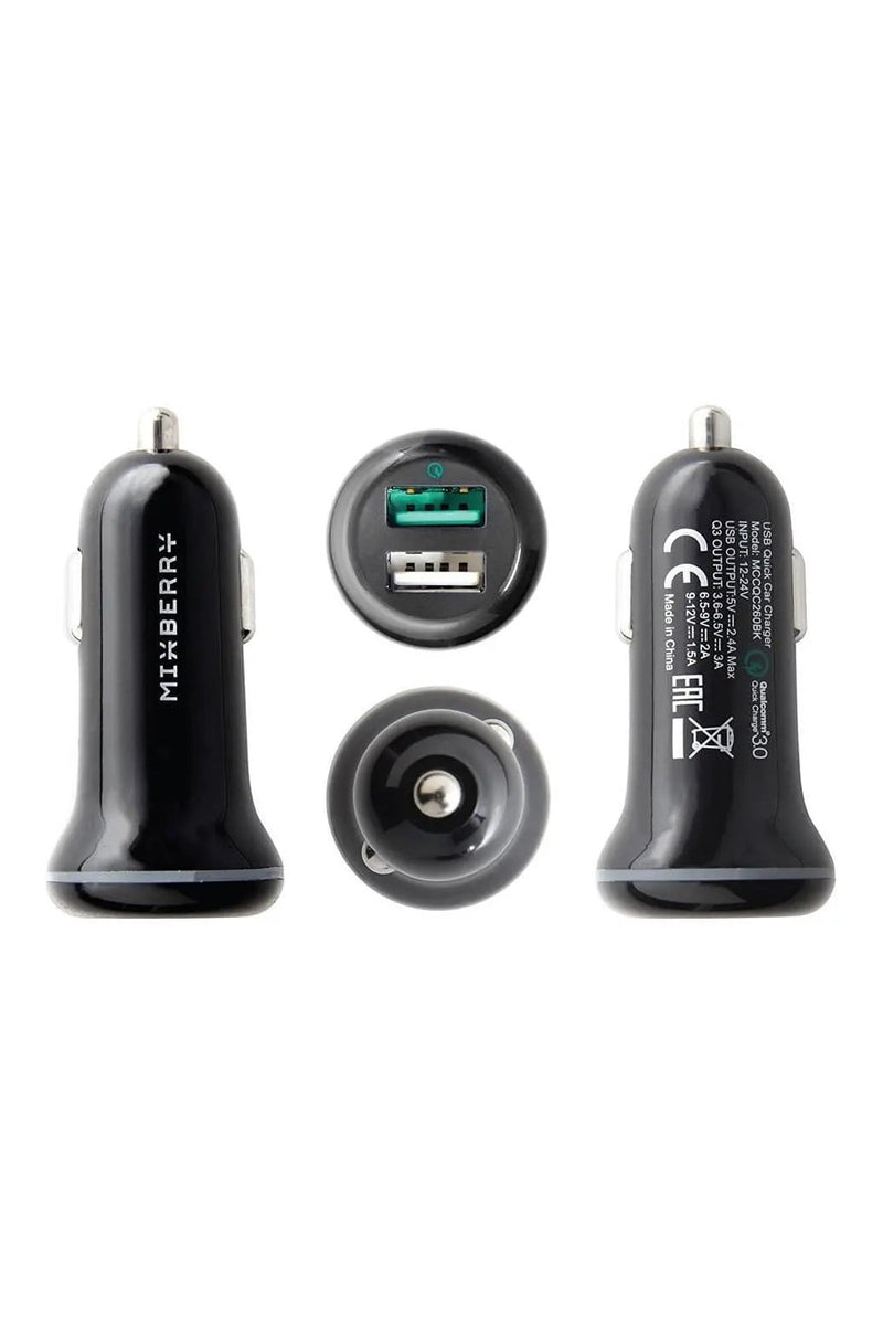 Mixberry 2-pot Car Charger - Qualcomm QC3.0 fast charge - Black Hongkong Ip