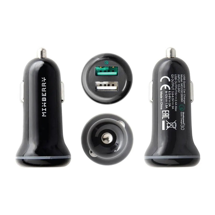 Mixberry 2-pot Car Charger - Qualcomm QC3.0 fast charge - Black Hongkong Ip