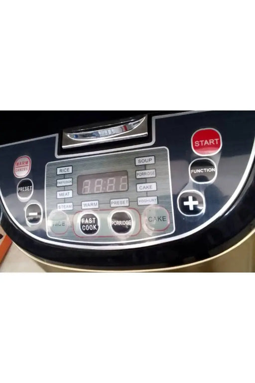 Black rice cooker with digital display and control panel on a wooden surface.