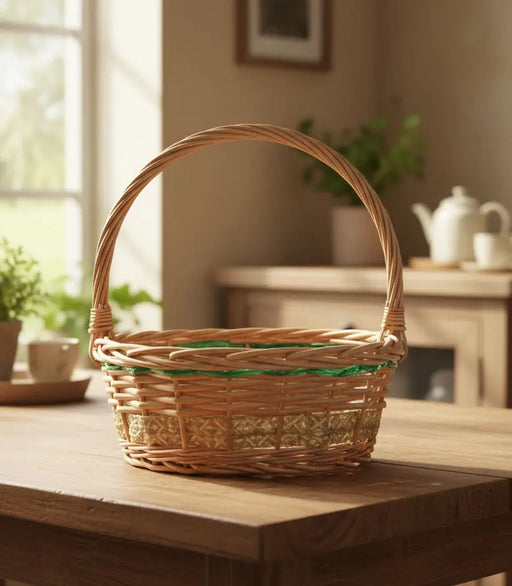 Oval Handwoven Wicker Basket with Handle – Natural Rattan Design medium Murukali.com