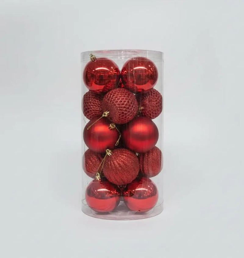 Red Christmas Tree Baubles Set Textured & Shiny Mix 8cm 20pcs