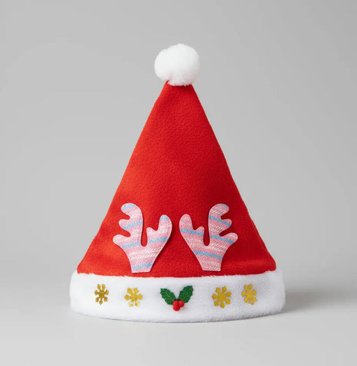 Red and White Santa Hat with Reindeer Antler Design Murukali.com