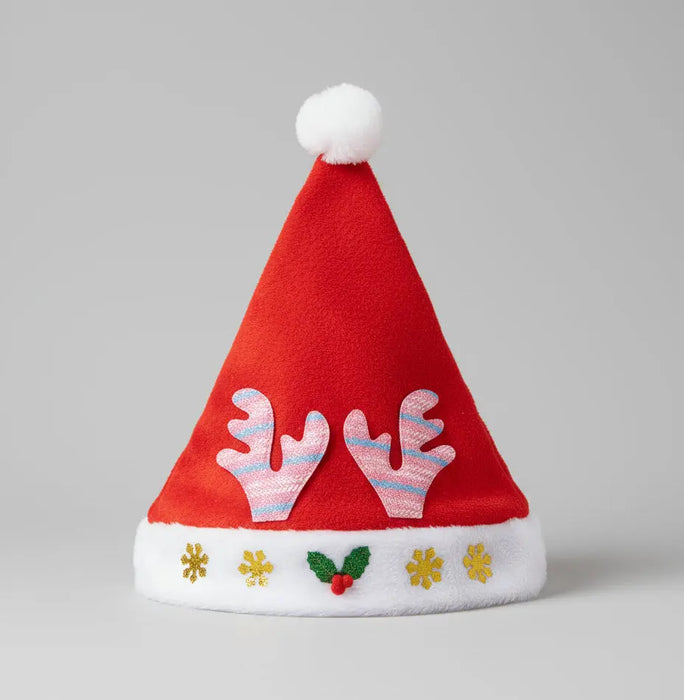 Red and White Santa Hat with Reindeer Antler Design Murukali.com