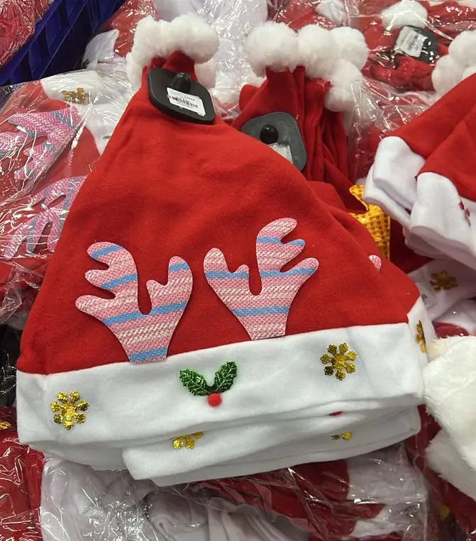 Red and White Santa Hat with Reindeer Antler Design Murukali.com