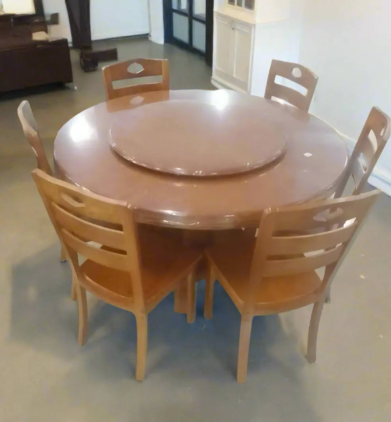 Round Dining Table Set with Lazy Susan 6Chairs and 1 Table Murukali.com