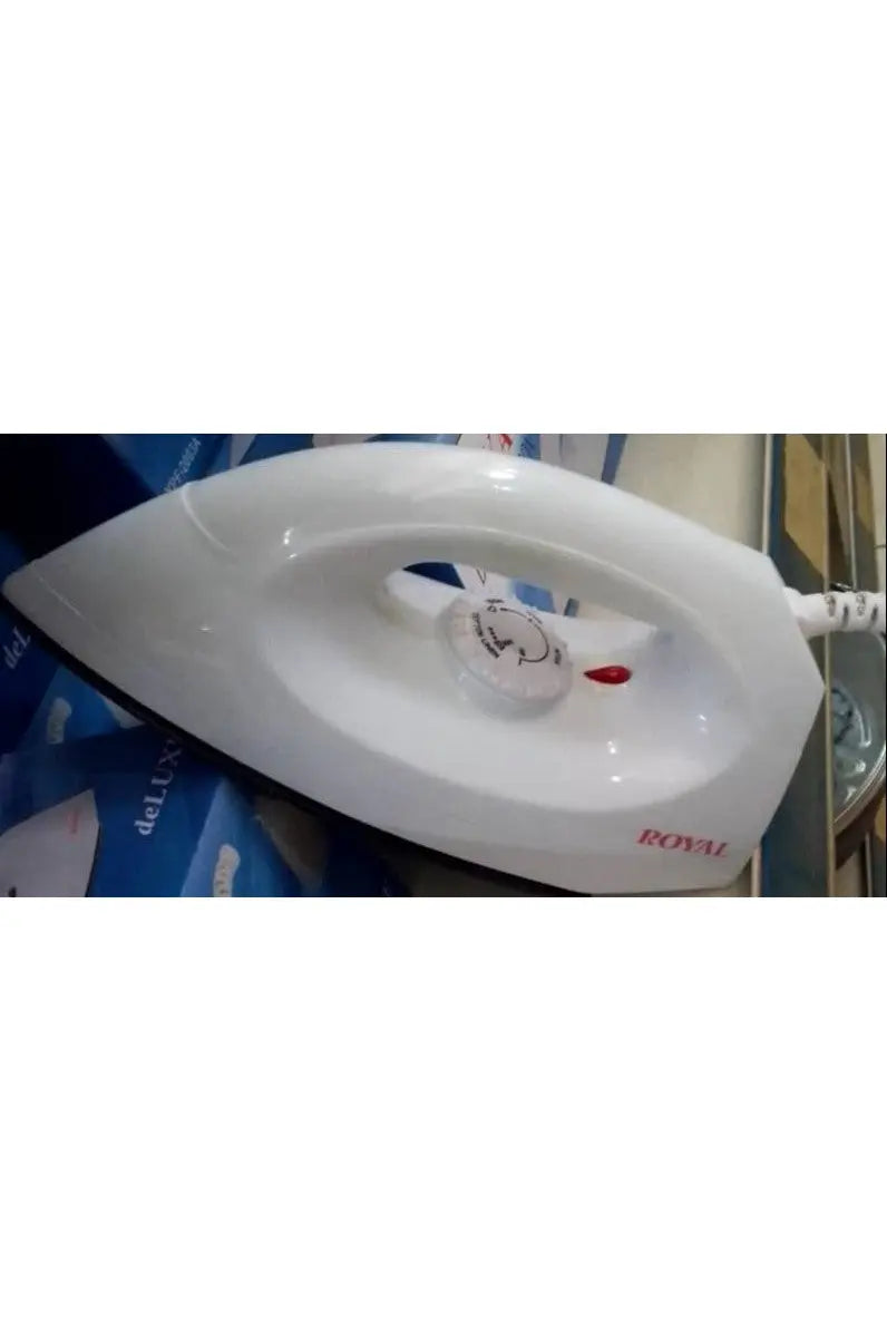 White iron with visible branding on a surface with blue packaging in the background