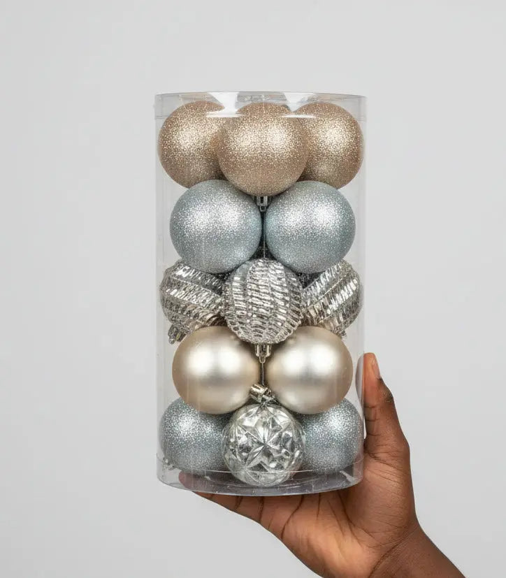 Silver Christmas Tree Baubles Set Mixed Designs & Sizes 8cm 20pcs