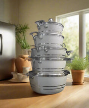 Stacked Aluminum Cooking Pot Set on Display Shelf Murukali.com