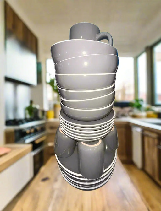 Stacked Grey Ceramic Dinnerware Set – Cups, Bowls & Plates Murukali.com