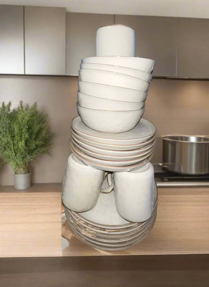 Stacked White Ceramic Dinnerware Set – Cups, Bowls & Plates Murukali.com