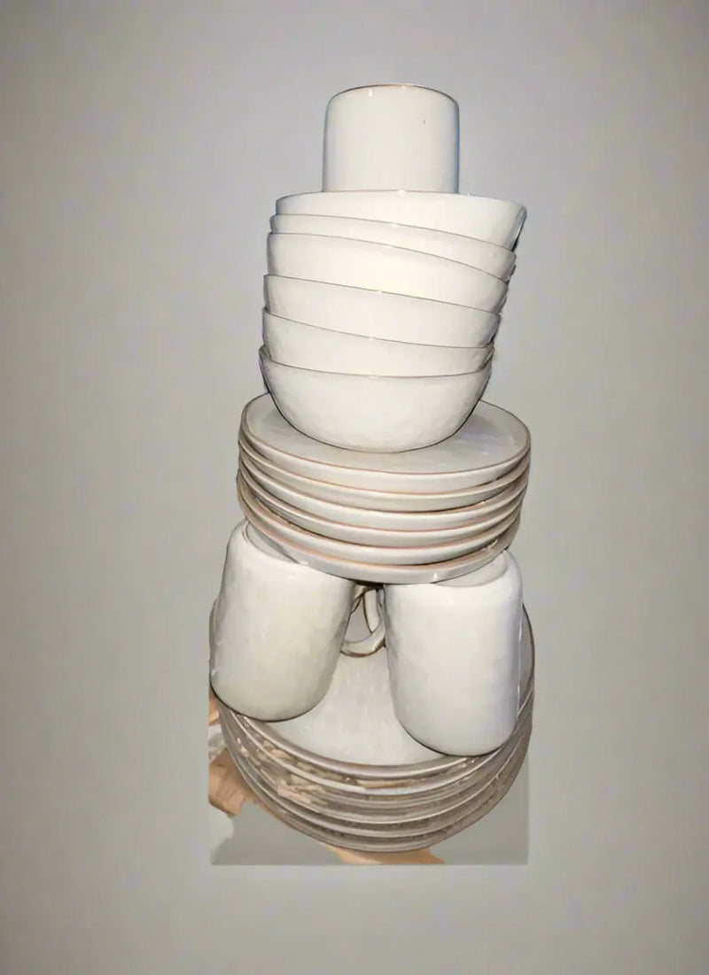 Stacked White Ceramic Dinnerware Set – Cups, Bowls & Plates Murukali.com