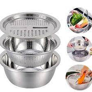 Stainless Steel Drain Basket Vegetable Cutter 3-In 1 murukali.com