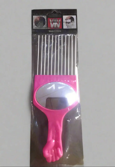 Stylish Pink Afro Comb with Built-In Mirror Murukali.com