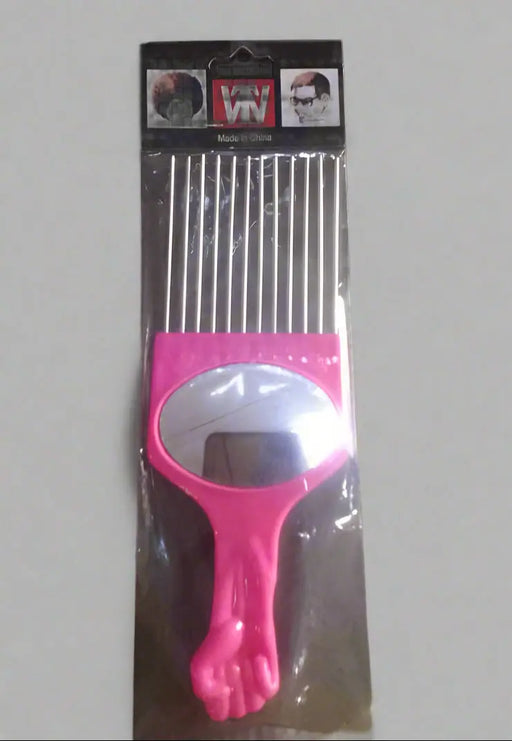 Stylish Pink Afro Comb with Built-In Mirror Murukali.com