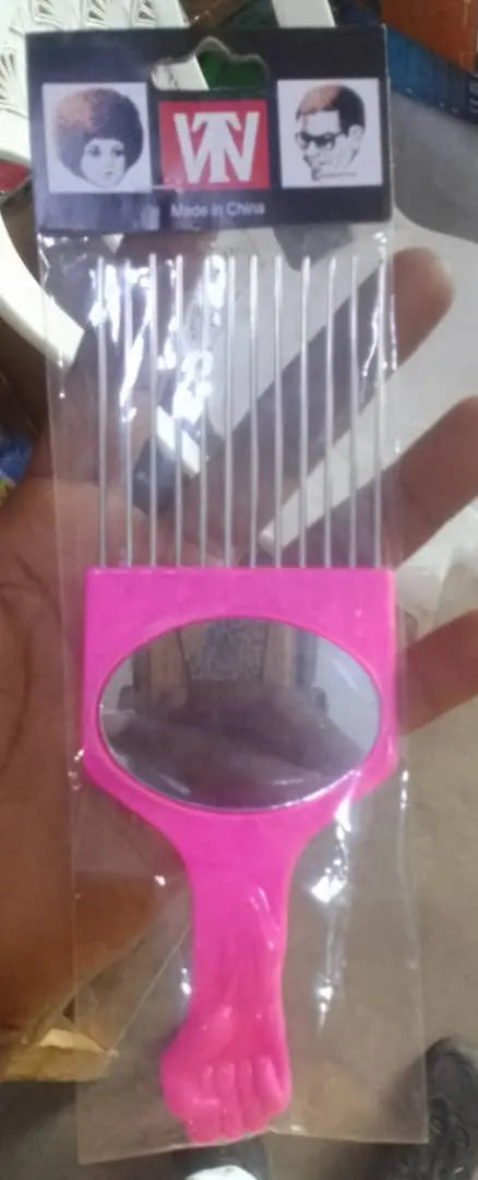 Stylish Pink Afro Comb with Built-In Mirror Murukali.com