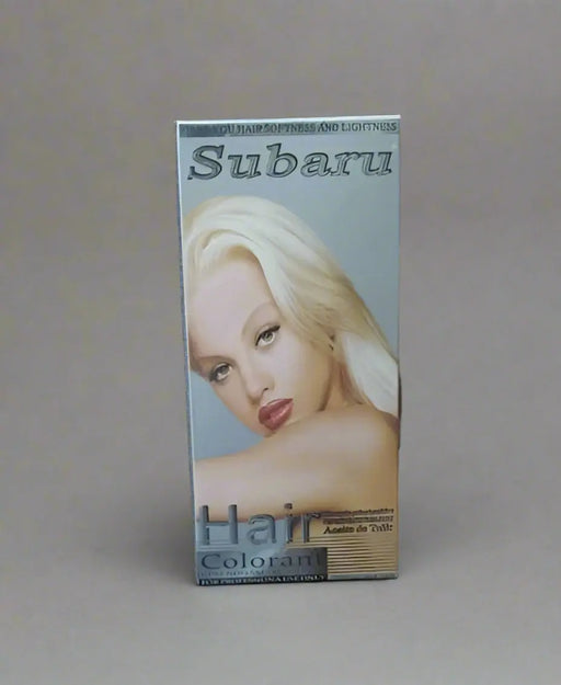 Hair colorant box with a blonde hair model on a blurred background