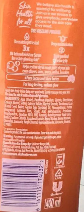 Vaseline Intensive Care Cocoa Radiant Body Lotion 400ml Murukali.com