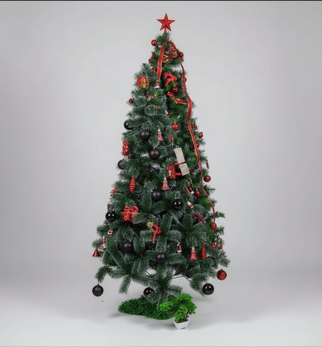 Decorated Green Christmas Tree with Red & Black Ornaments 2.30M