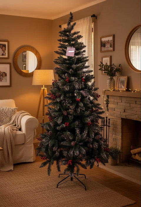 Snow-Dusted Artificial Pine Christmas Tree with Red Berries & Pinecones 2.10M