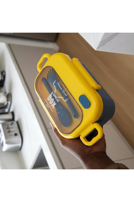 Sealed Lunch Box with Built-in Cutlery – Yellow & Blue