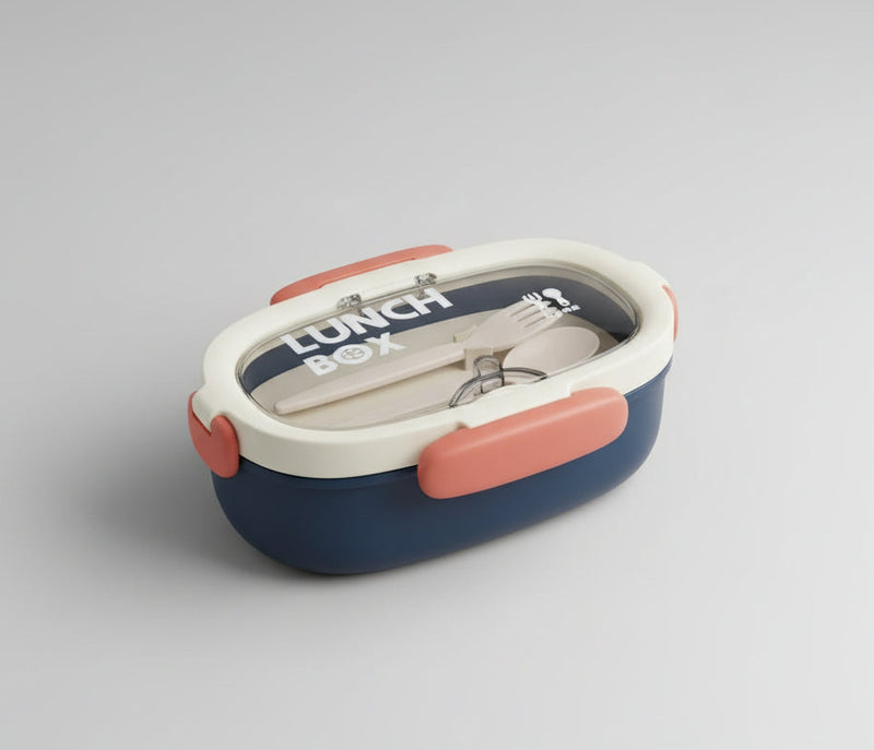 Oval Lunch Box with Spoon & Fork – Cream & Orange